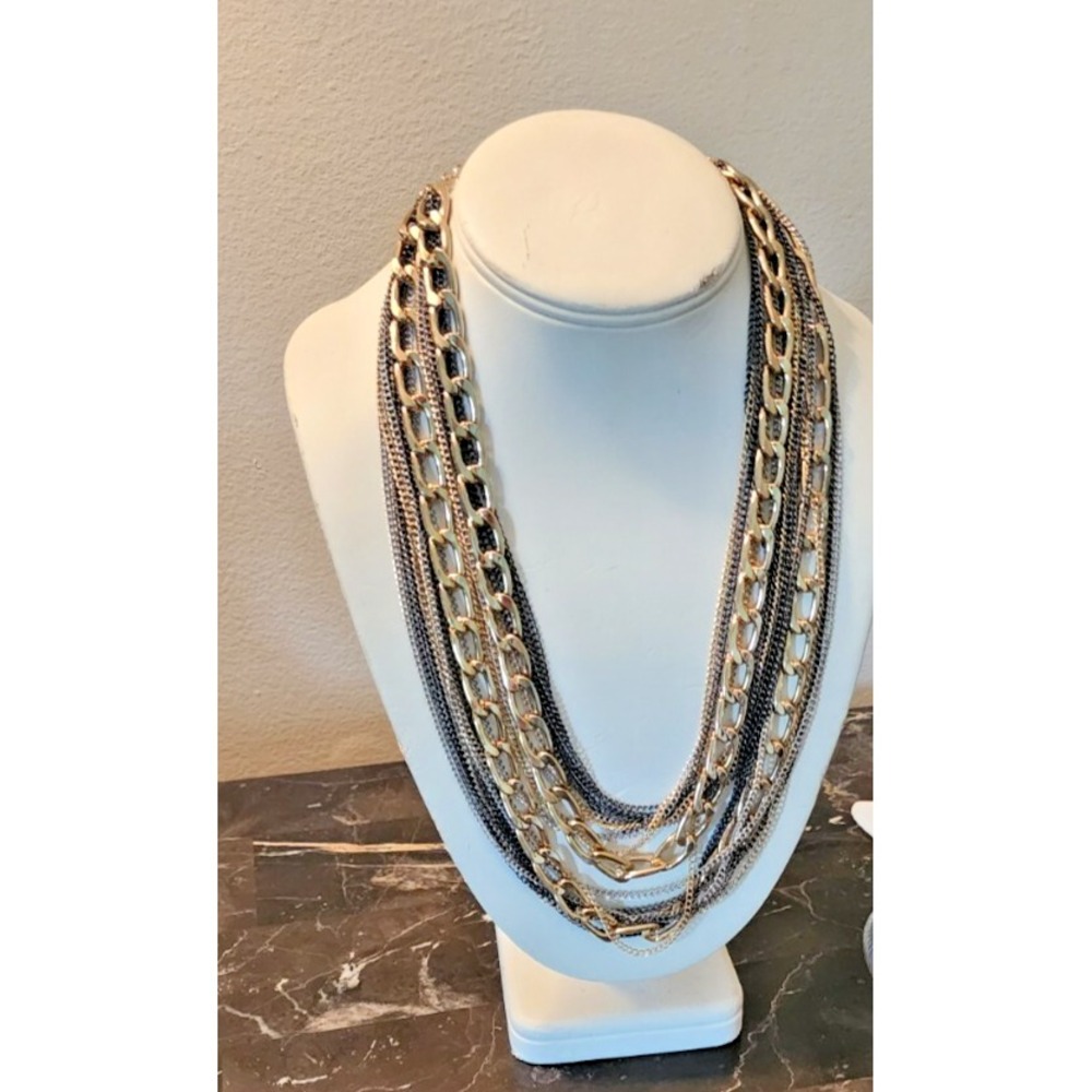 Multi Strand Necklace in gold, silver and gunmetal tones